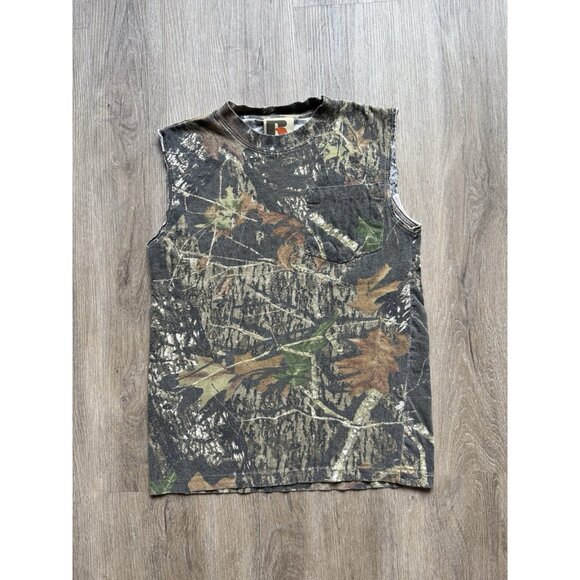 Vintage Y2K Russell Athletics Outdoors Real Tree Camo Forest Cut Off Shirt Small - Picture 1 of 7